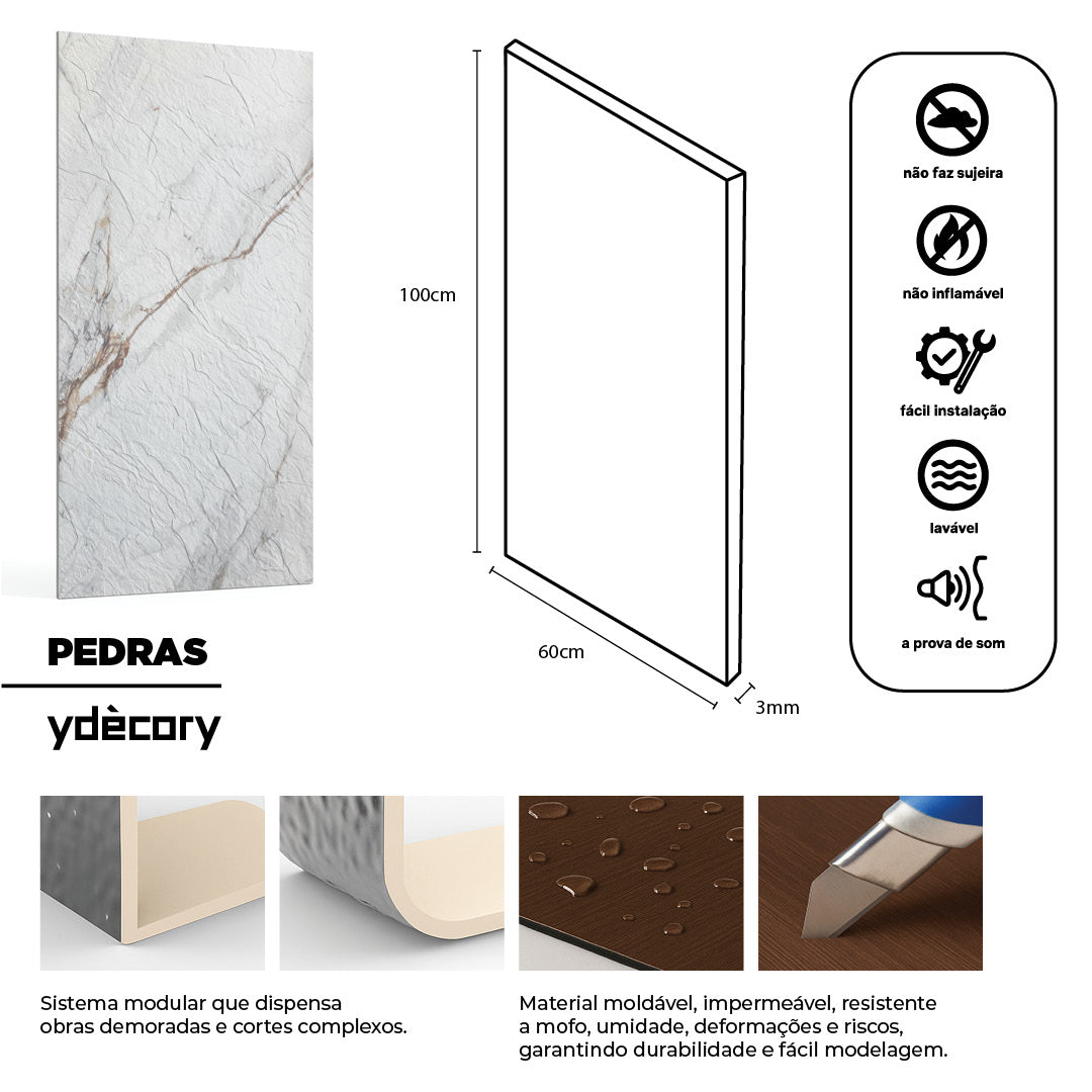 Revestimento de pedra natural flexível Athene Branco Marmorizado - 3mm de espessura - 120x60cm