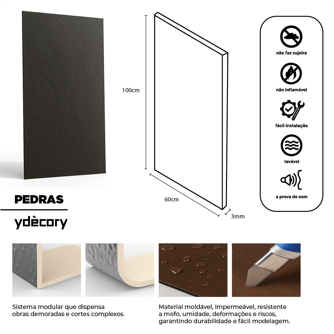 Revestimento Pedra Natural Preta 3mm · Fibra de vidro e pó de pedra natural