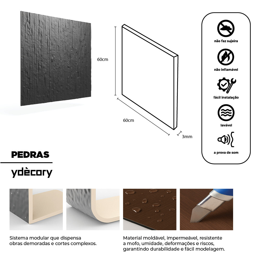 Revestimento de pedra natural Genebra Preta fléxivel - 3 mm de espessura - 60x60 cm