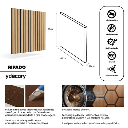 Ripado acústico de madeira MDF clara com base de poliuretano, antiruído - 22mm espessura - 60x60 cm